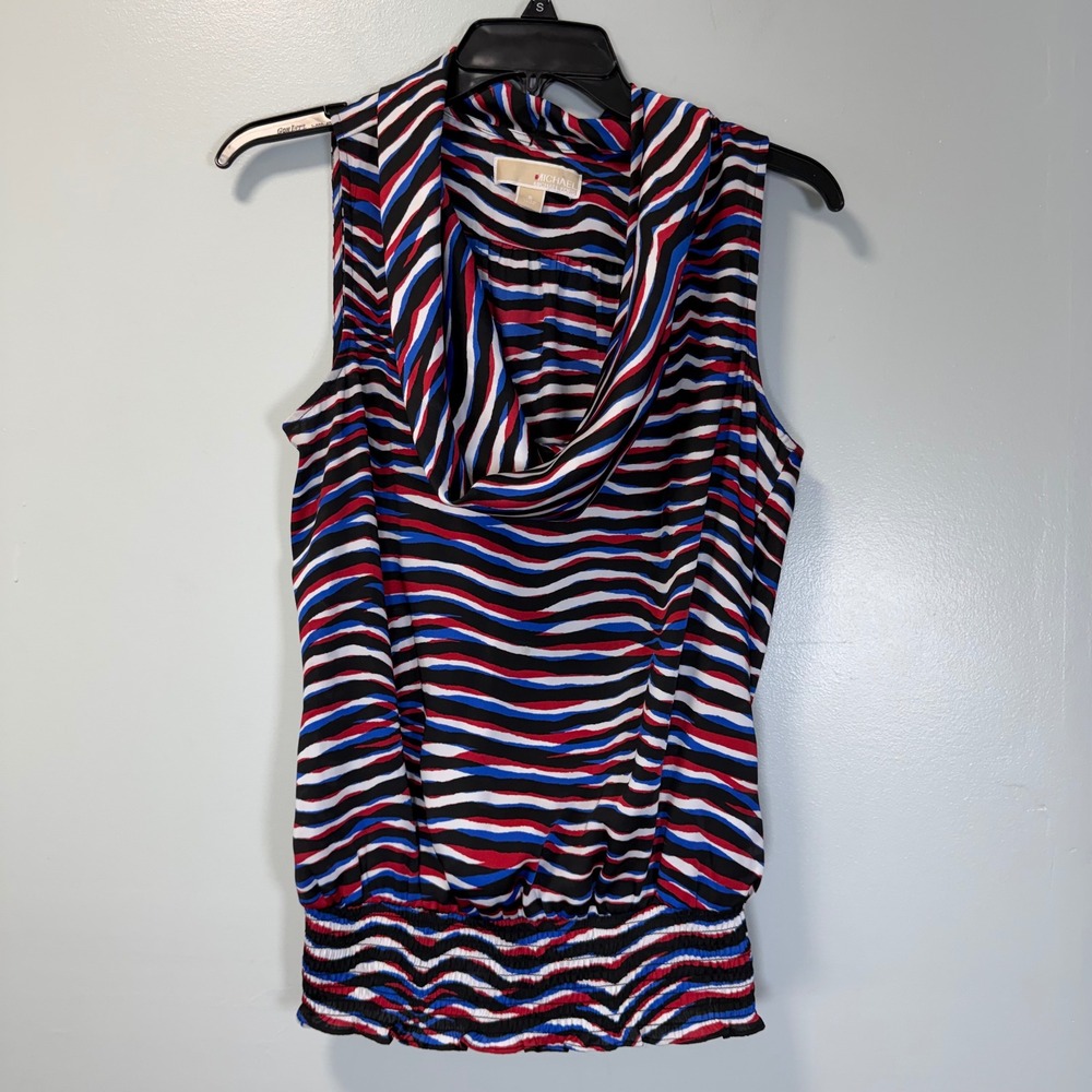 Michael Michael Kors Zebra Stripe Cowl Neck‎ Blouson Top Red Blue White Small
